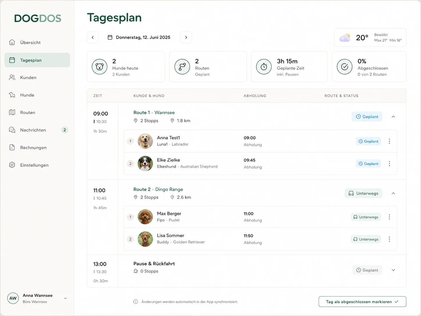 DOGDOS Tagesplan für Dogwalker